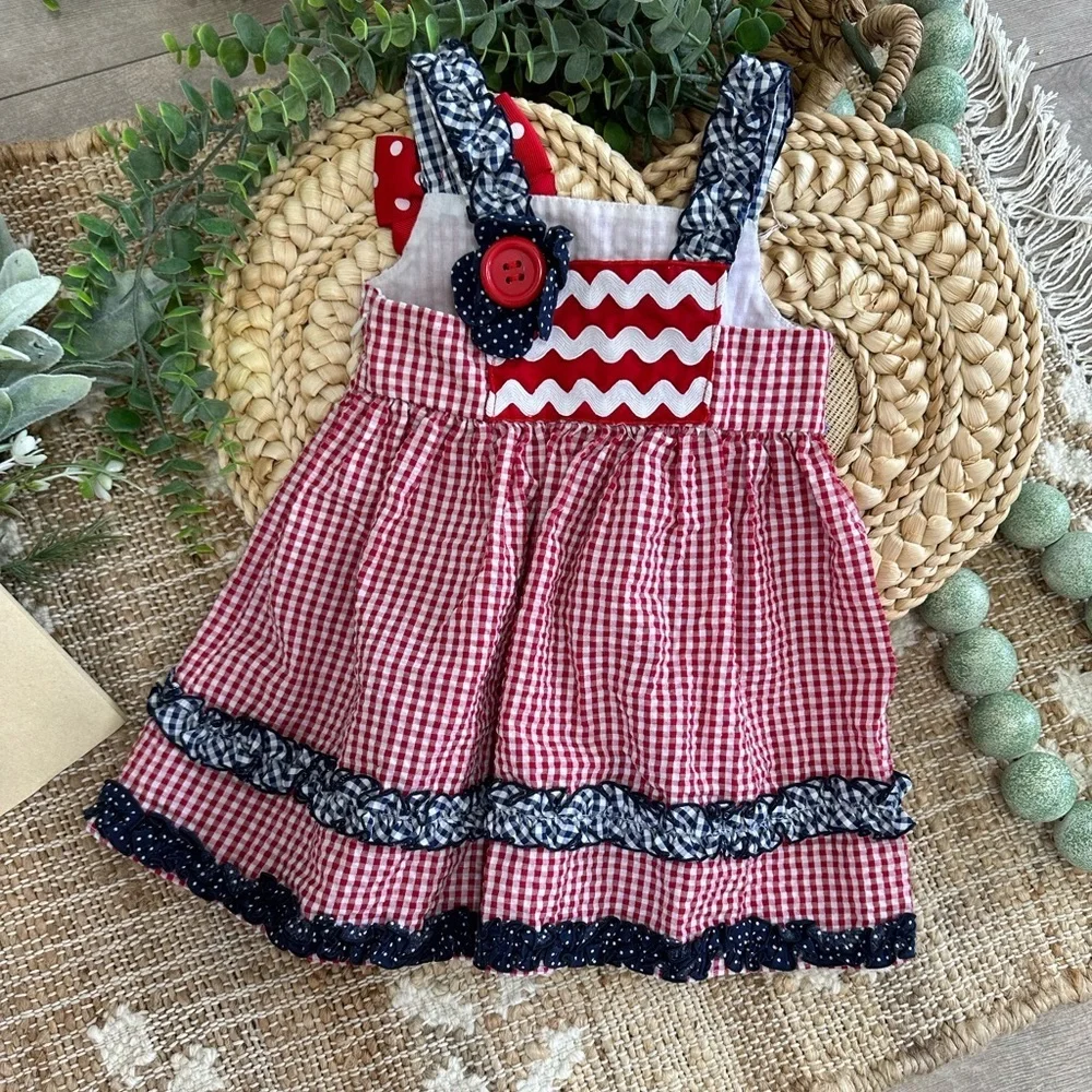 Bonnie Baby Girl’s 4th of July Gingham Dress Red White Blue Ruffle Patriotic